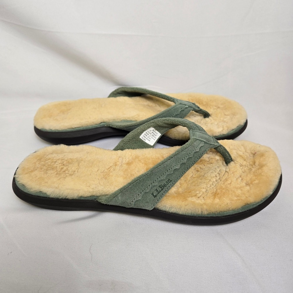 L.L. Bean Wicked Good Shearling Lined Flip Flops Green Tan 290382 Size 11 Medium - Picture 3 of 11